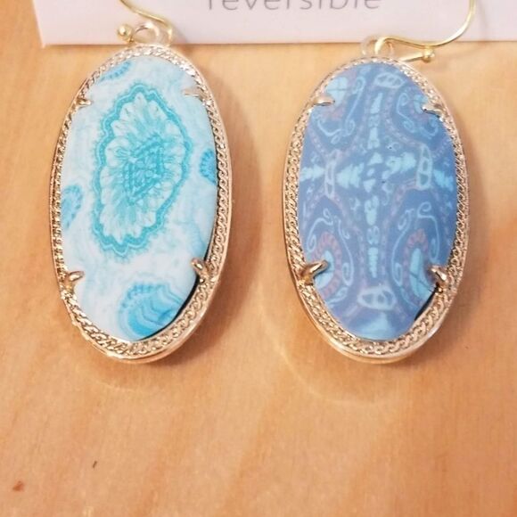 Jilzarah Mandala Polymer Clay Blue Oval Drop Earrings Reversible Gold hardware - Picture 3 of 5